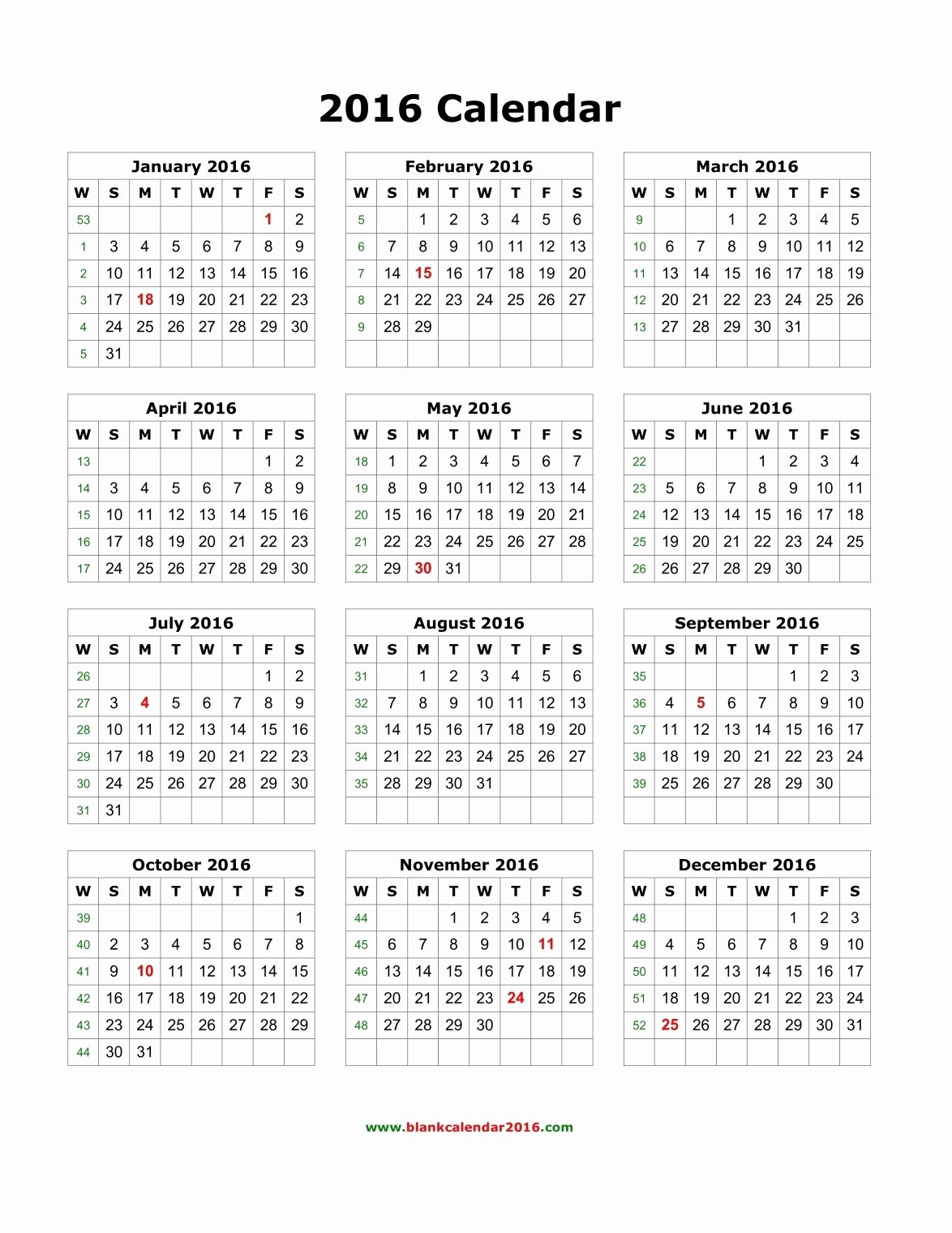 Blank Calendar Template 2016 New Yearly Calendar 2016 Template – Templates Free Printable