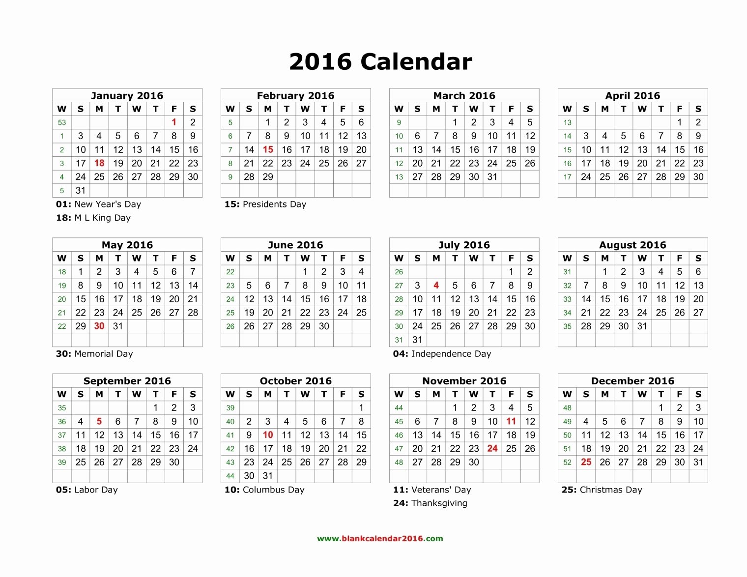Blank Calendar Template 2016 Unique 2016 Yearly Calendar with Holidays Printable