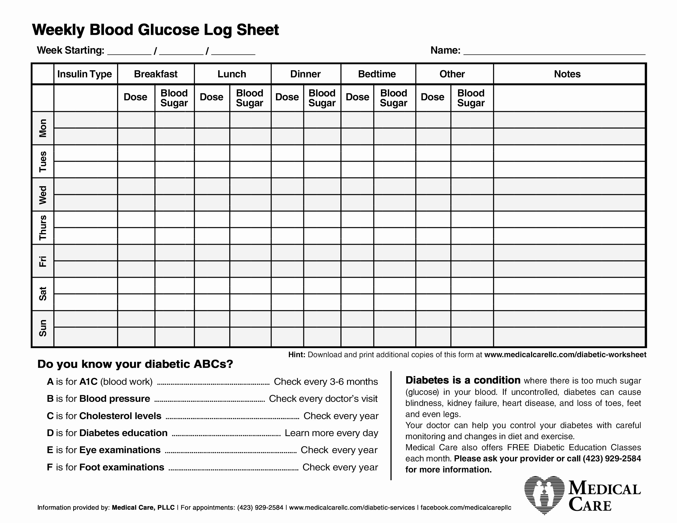 Blood Glucose Log Template Lovely Diabetic Worksheet – Medical Care Pllc