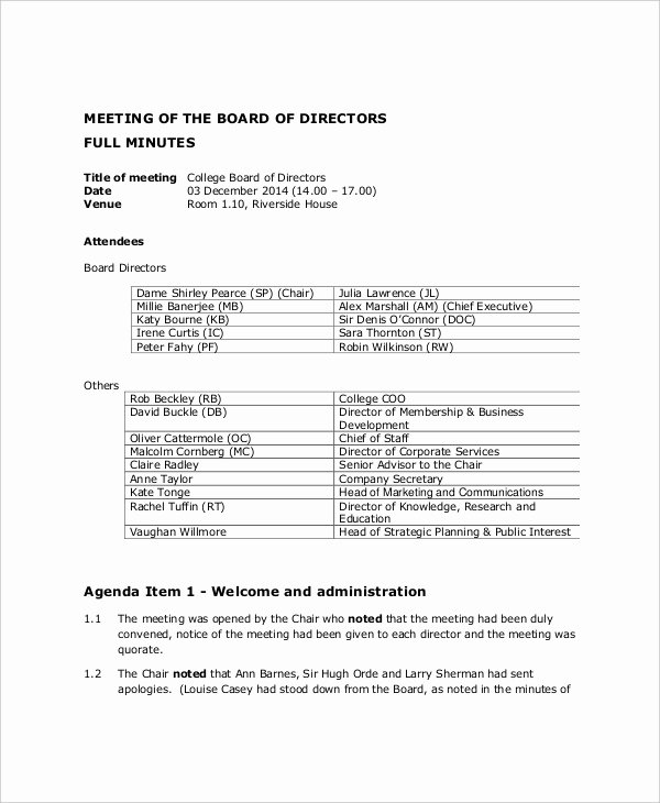 Board Meeting Minutes Template Elegant 12 Board Of Directors Meeting Agenda Templates – Free