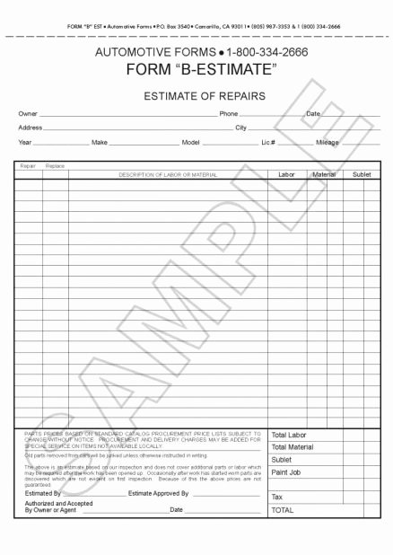 Body Shop Estimate Template Awesome Free Body Shop Estimate Template Sample Worksheets