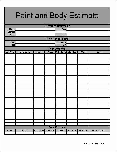 Body Shop Estimate Template New Free Basic Paint and Body Estimate form From formville