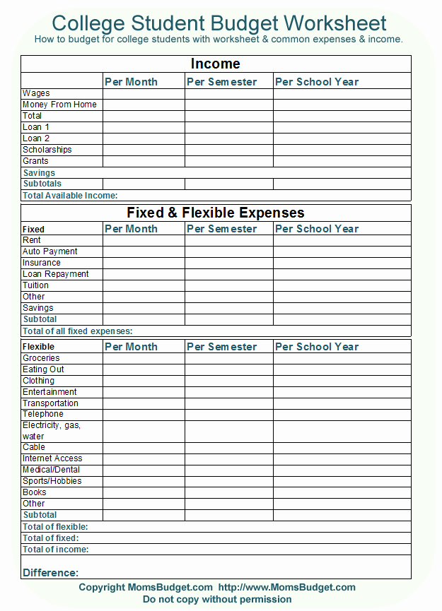 Budget Template for College Students Fresh College Student Bud Worksheet Free Printable