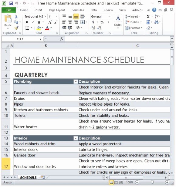 Building Maintenance Schedule Excel Template Awesome Free Home Maintenance Schedule and Task List Template for