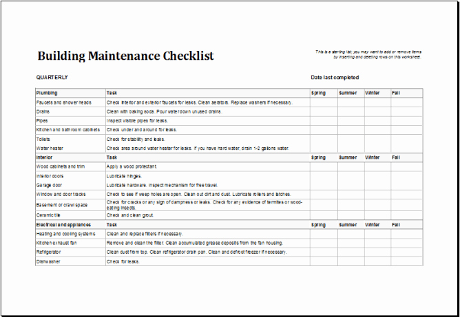 Building Maintenance Schedule Excel Template Elegant 4 Facility Maintenance Checklist Templates Excel Xlts