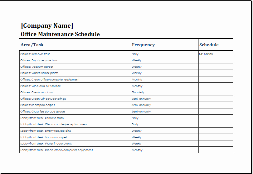 Building Maintenance Schedule Excel Template New Maintenance Schedule Template