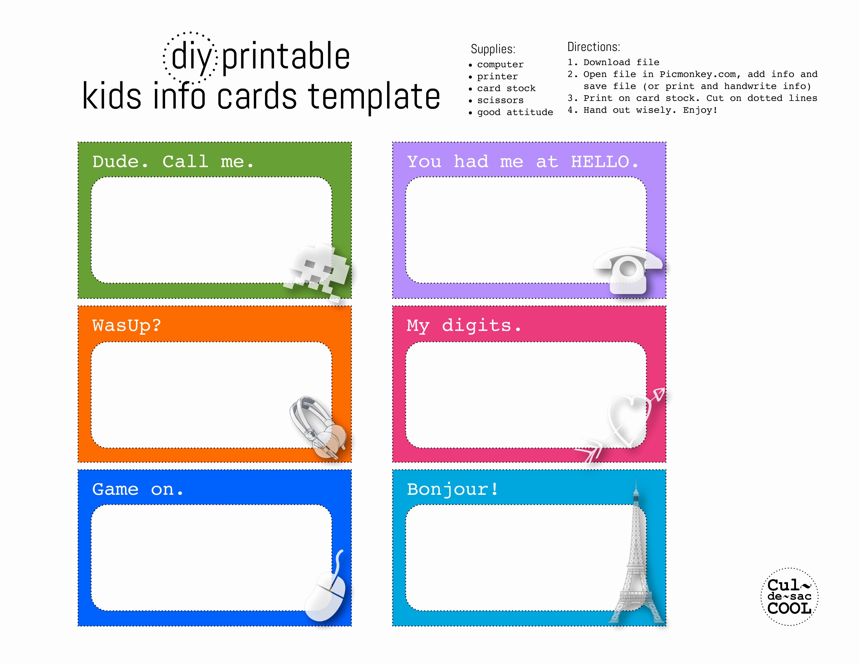 Business Card Template Printable Unique Diy Printable Kids Info Cards Template