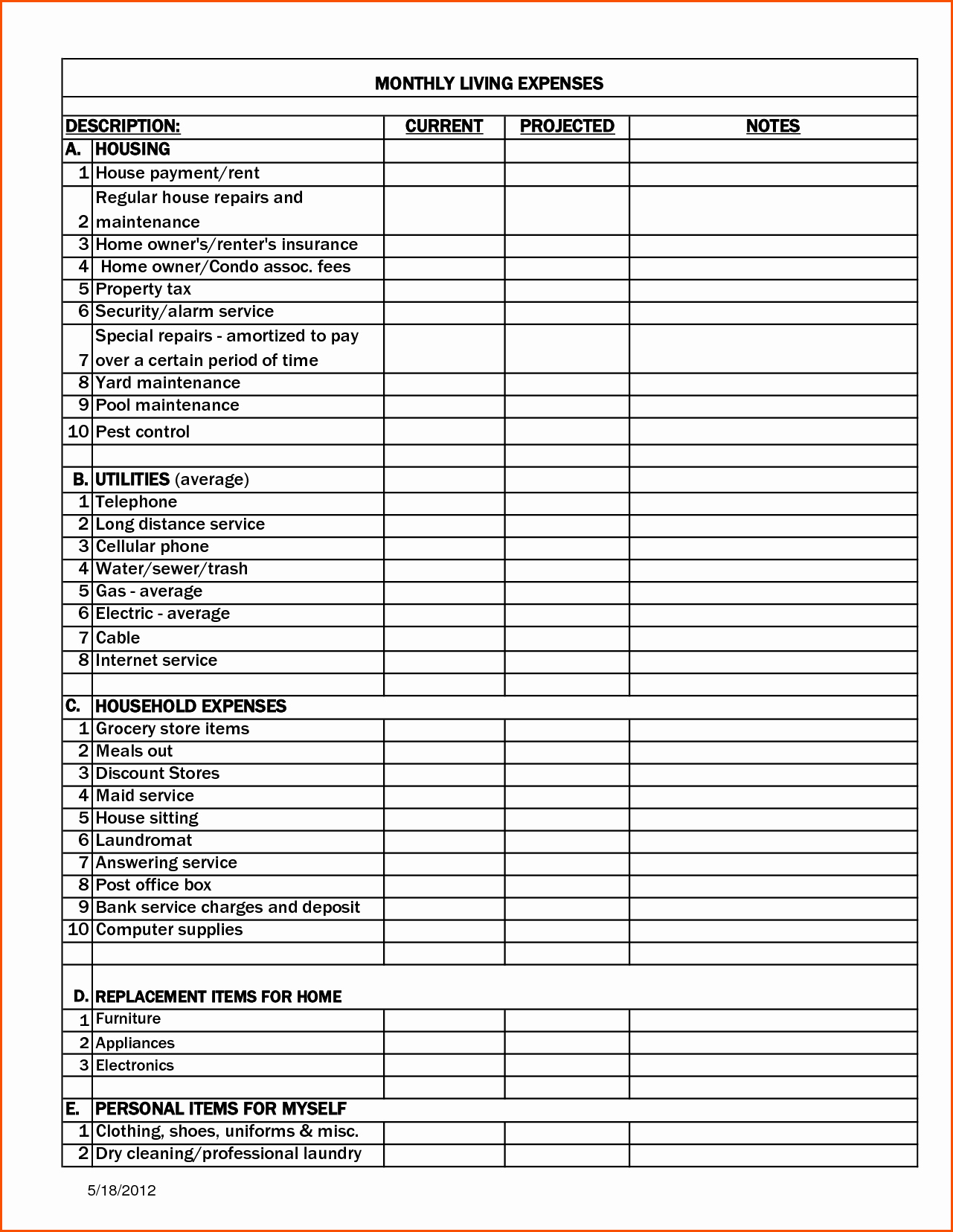 Business Expenses List Template Awesome Personal Monthly Expense Report Template