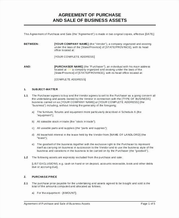 Business Purchase Agreement Template Free Fresh Agreement Of Purchase and Sale Of Business assets Template
