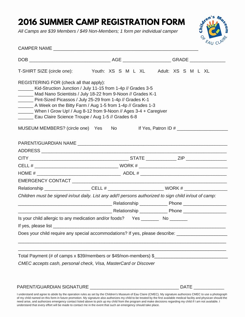 Camp Registration form Template Awesome form Free Summer Camp Registration form Summer Camp
