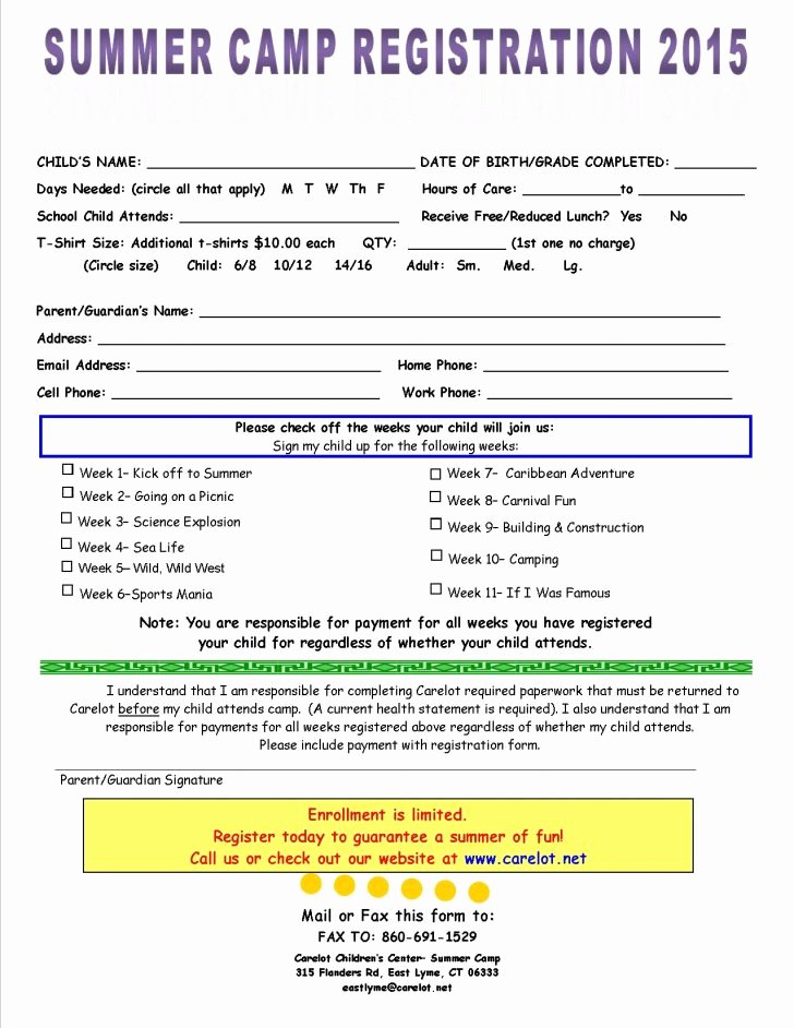 Camp Registration form Template Elegant form Summer Camp Registration form