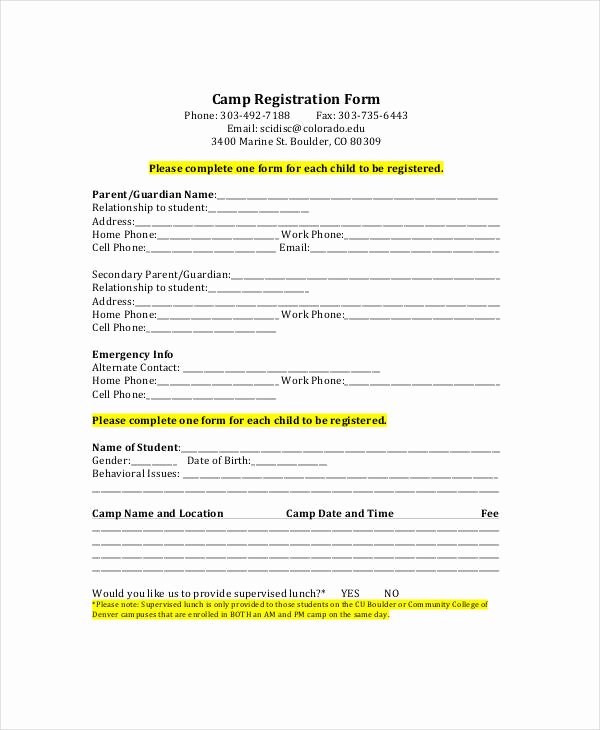 Camp Registration form Template Luxury Printable Registration form Templates 9 Free Pdf