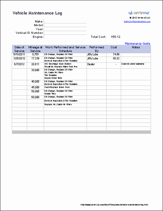 Car Maintenance Schedule Template Awesome Free Vehicle Maintenance Log Template for Excel