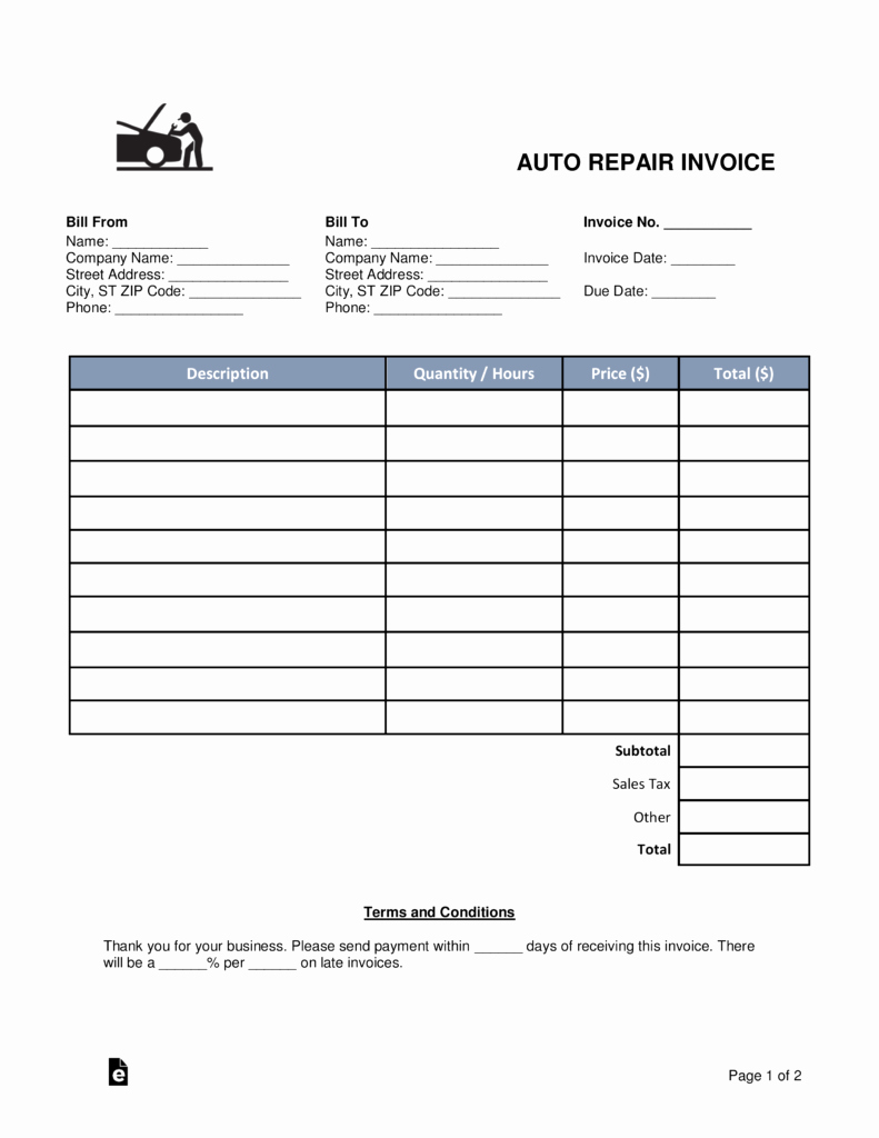 Car Repair Invoice Template Elegant Free Auto Body Mechanic Invoice Template Word
