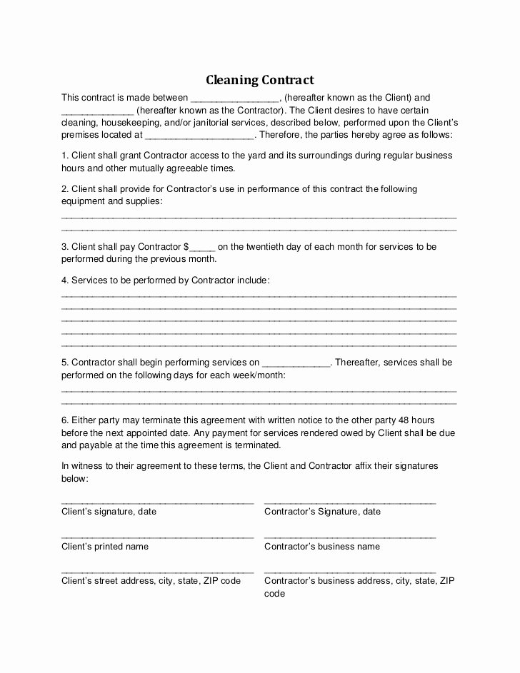 Carpet Cleaning Contract Template Inspirational Cleaning Contract Free Printable Documents