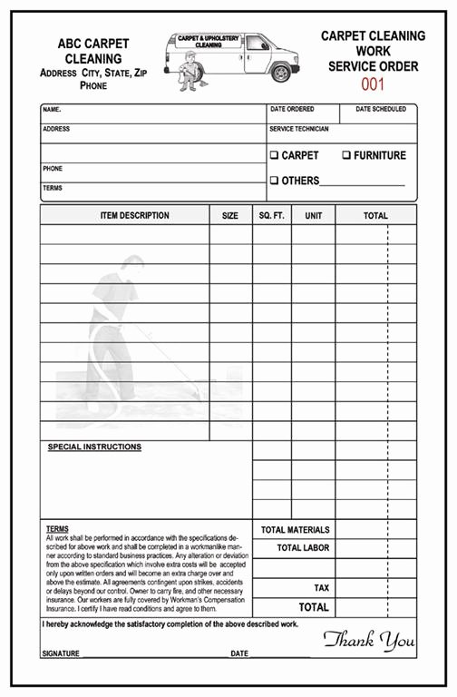 Carpet Cleaning Invoice Template Luxury Carpet Cleaning Work Service order 2 Part Carbonless