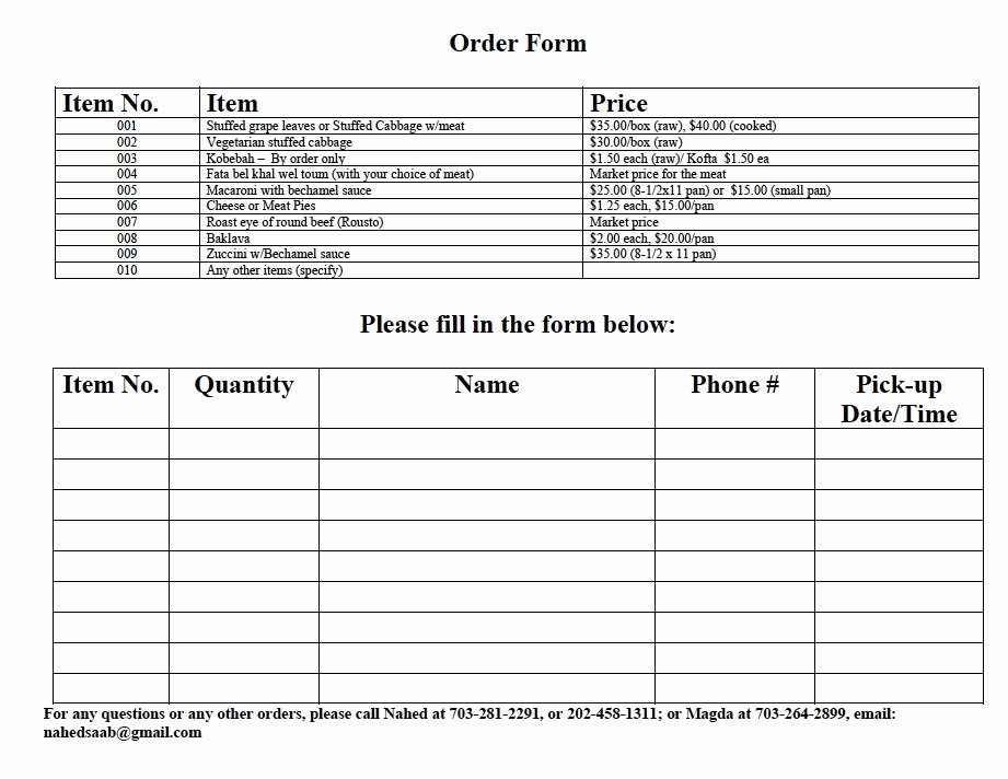 Catering order form Template Free Unique Mini Market