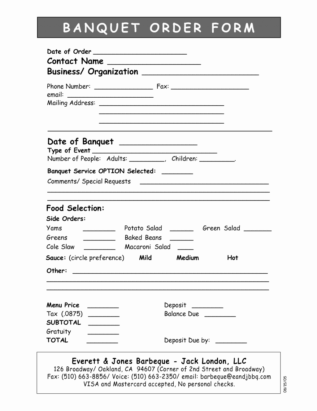 Catering order form Template Luxury 15 event orders