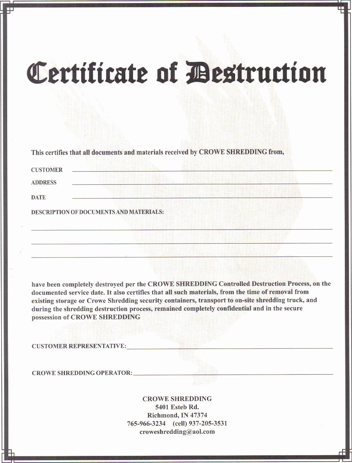 Certificate Of Data Destruction Template Awesome Certificate Of Destruction 2011 Crowe Shredding