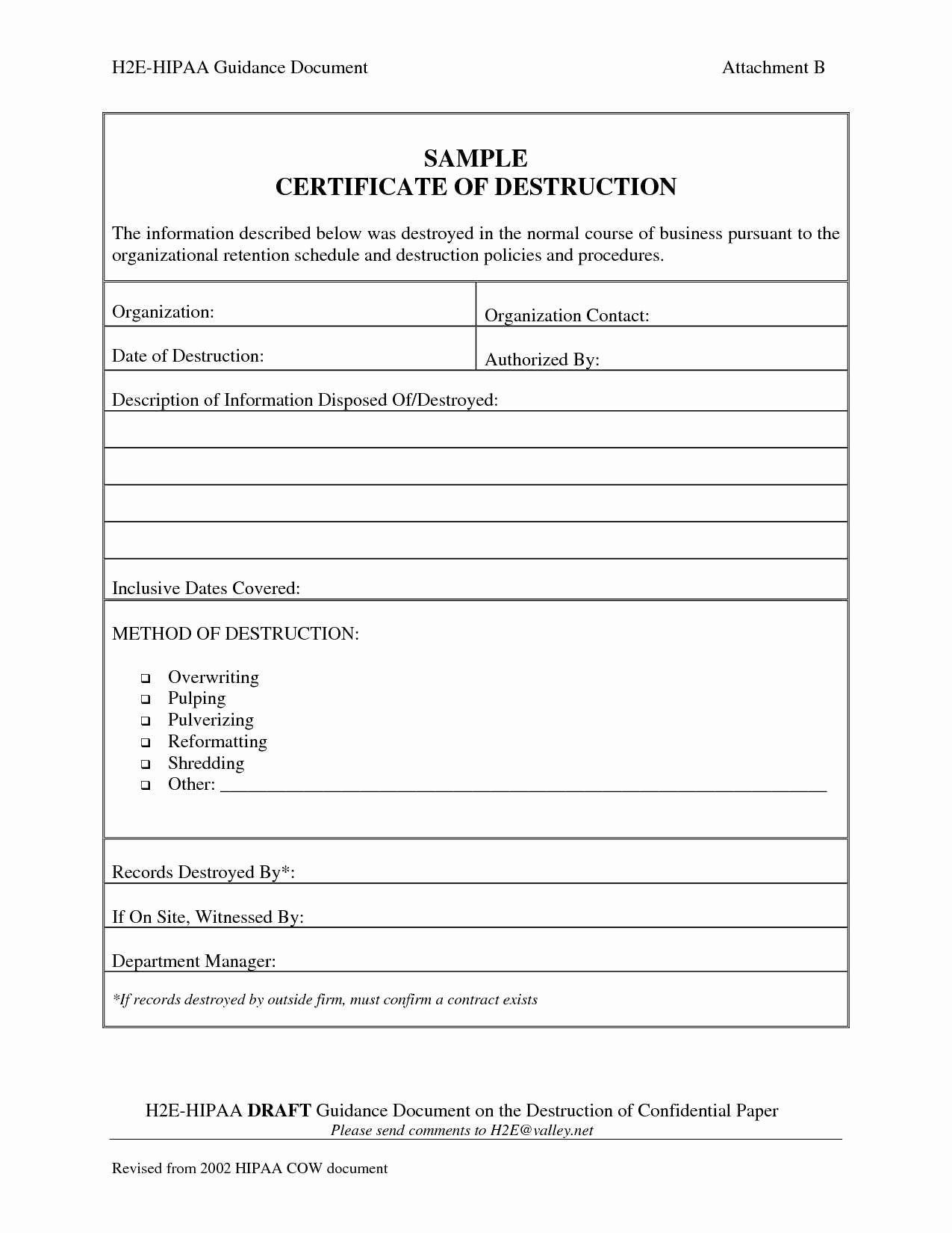 Certificate Of Data Destruction Template Luxury Certificate Destruction Template Word Reeviewer