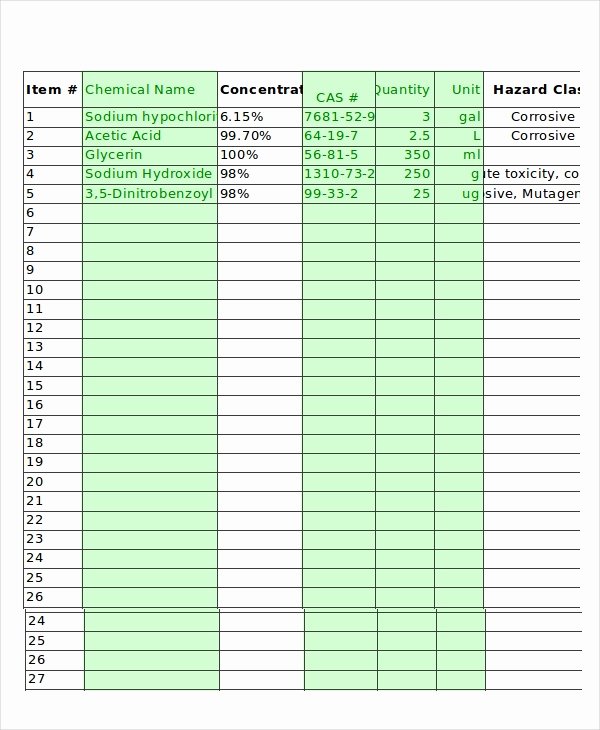 Chemical Inventory List Template Lovely Inventory Spreadsheet Example 11 Free Excel Documents
