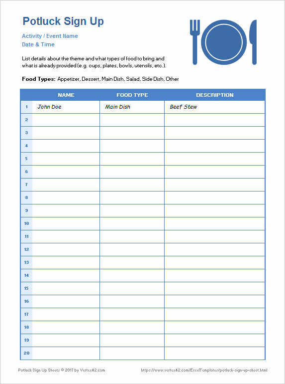 Christmas Potluck Signup Sheet Template Awesome Potluck Sign Up Sheets for Excel and Google Sheets