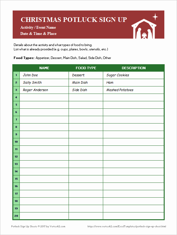 Christmas Potluck Signup Sheet Template Awesome Potluck Sign Up Sheets for Excel and Google Sheets