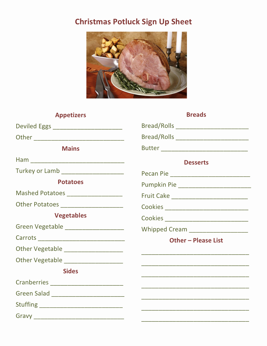 Christmas Potluck Signup Sheet Template Inspirational Potluck Dinner Sign Up Sheet Printable