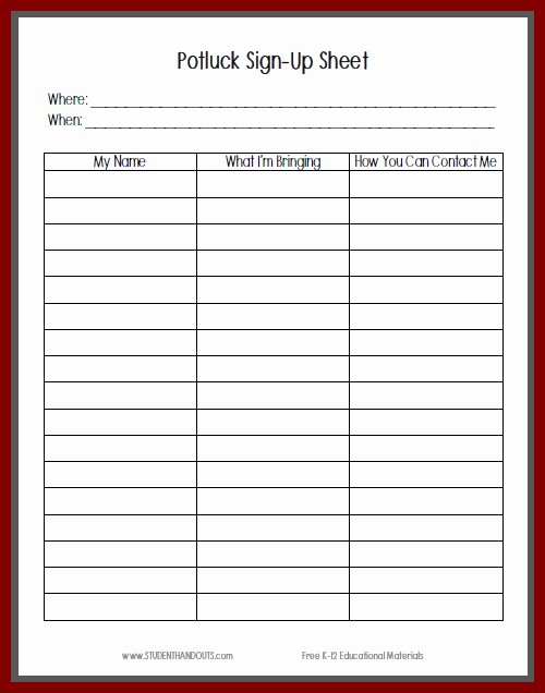 Christmas Potluck Signup Sheet Template Lovely Printable Potluck Sign Up Sheet Template for Christmas New