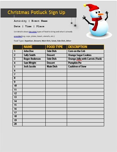 Christmas Potluck Signup Sheet Template Unique 60 Best Potluck Signup Sheets for Free 5th E Will