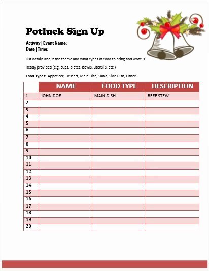 Christmas Potluck Signup Sheet Template Unique Pot Luck Sign Up Sheet Template