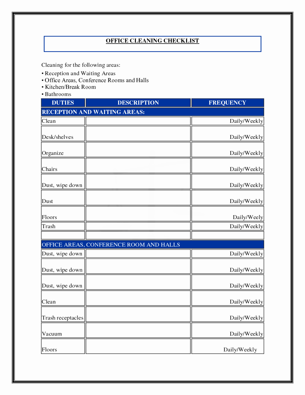 Cleaning Business Checklist Template Lovely Daily Fice Cleaning Checklist and Schedule Template