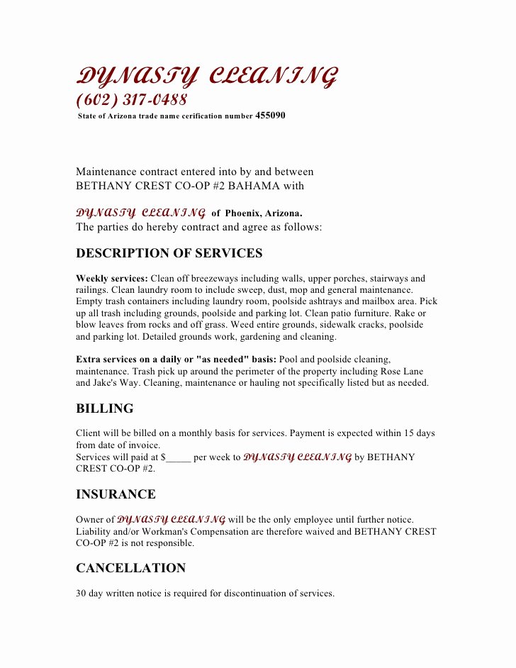 Cleaning Service Contract Template Luxury Free Printable Cleaning Contract Template form Generic