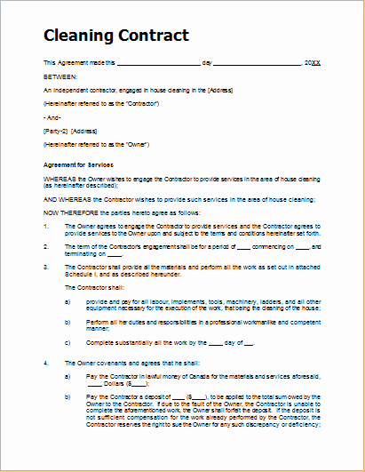 Cleaning Service Contract Template Unique Sample Cleaning Contract Template for Ms Word