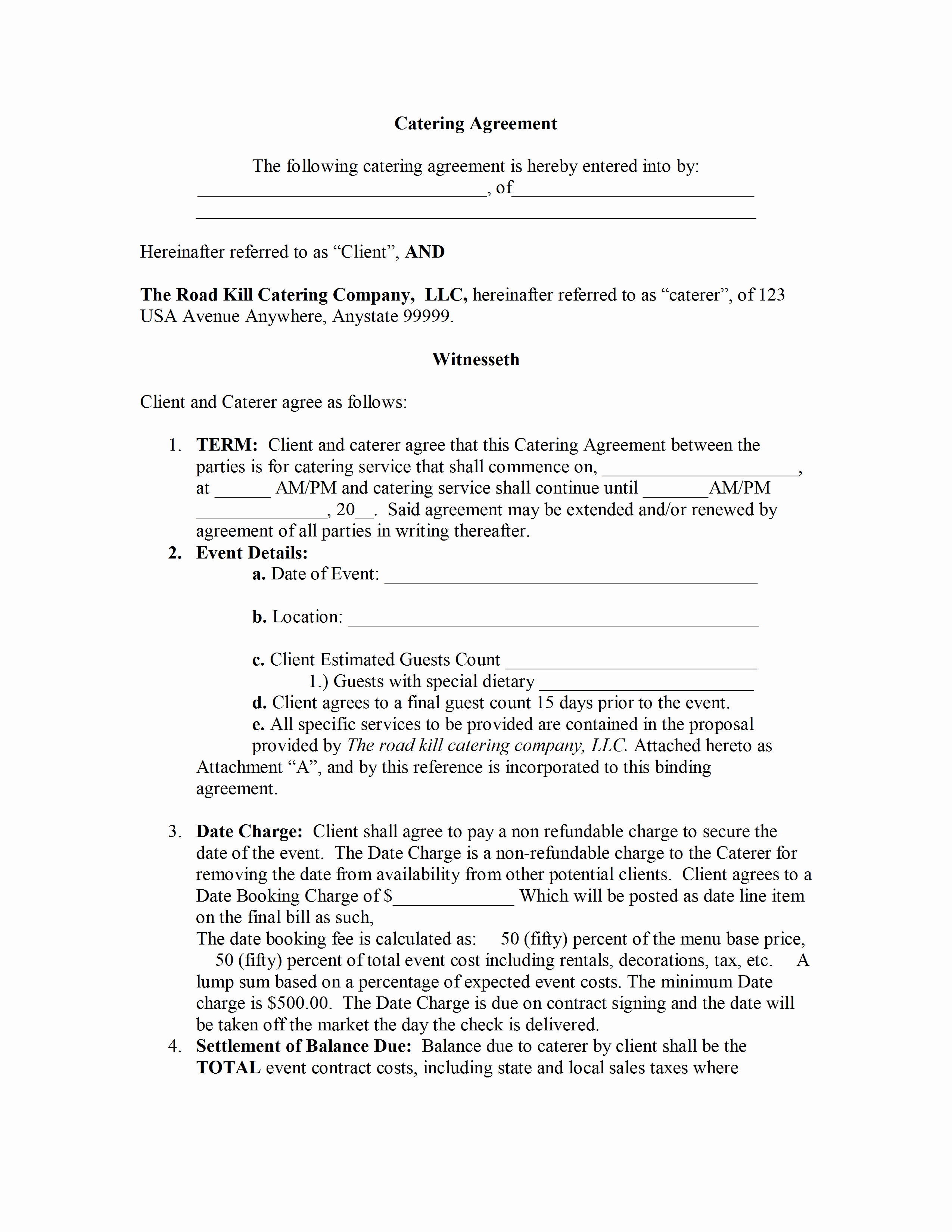 Client Service Agreement Template Elegant Catering Contract Template