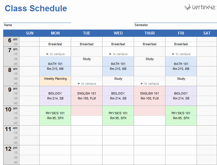 College Class Schedule Template Fresh Weekly Class Schedule Template for Excel