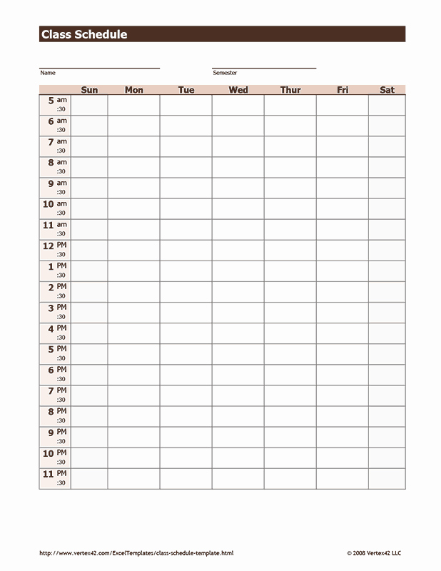 College School Schedule Template Fresh Free Printable Weekly Class Schedule Pdf From Vertex42