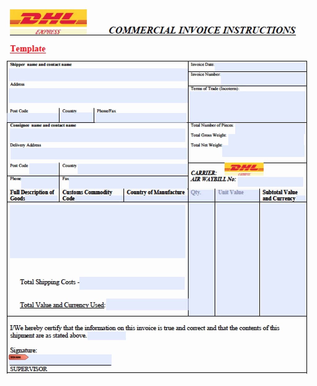 Commercial Invoice Template Excel Fresh Free Dhl Mercial Invoice Template Excel Pdf