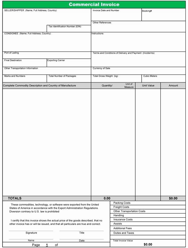 Commercial Invoice Template Excel Fresh Free Fillable Invoice form