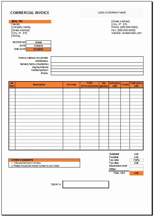 Commercial Invoice Template Excel Inspirational Free Professional Mercial Invoice Template for Excel