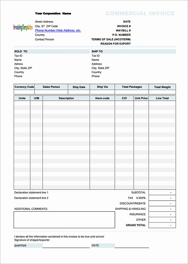 Commercial Invoice Template Excel Lovely 18 Free Mercial Invoice Templates