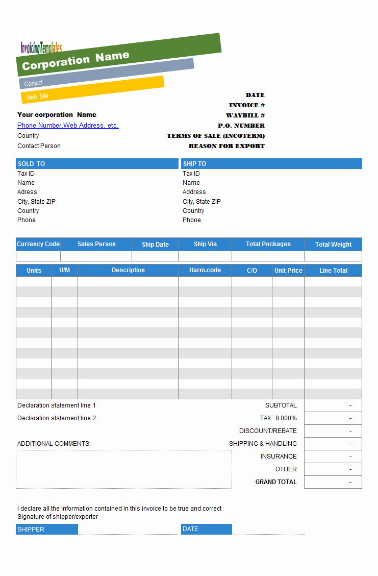Commercial Invoice Template Excel Lovely Mercial Invoice Template with Colorful Business Name
