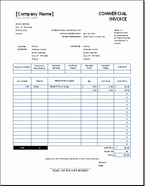 Commercial Invoice Template Excel Luxury Customizable Mercial Invoice Template