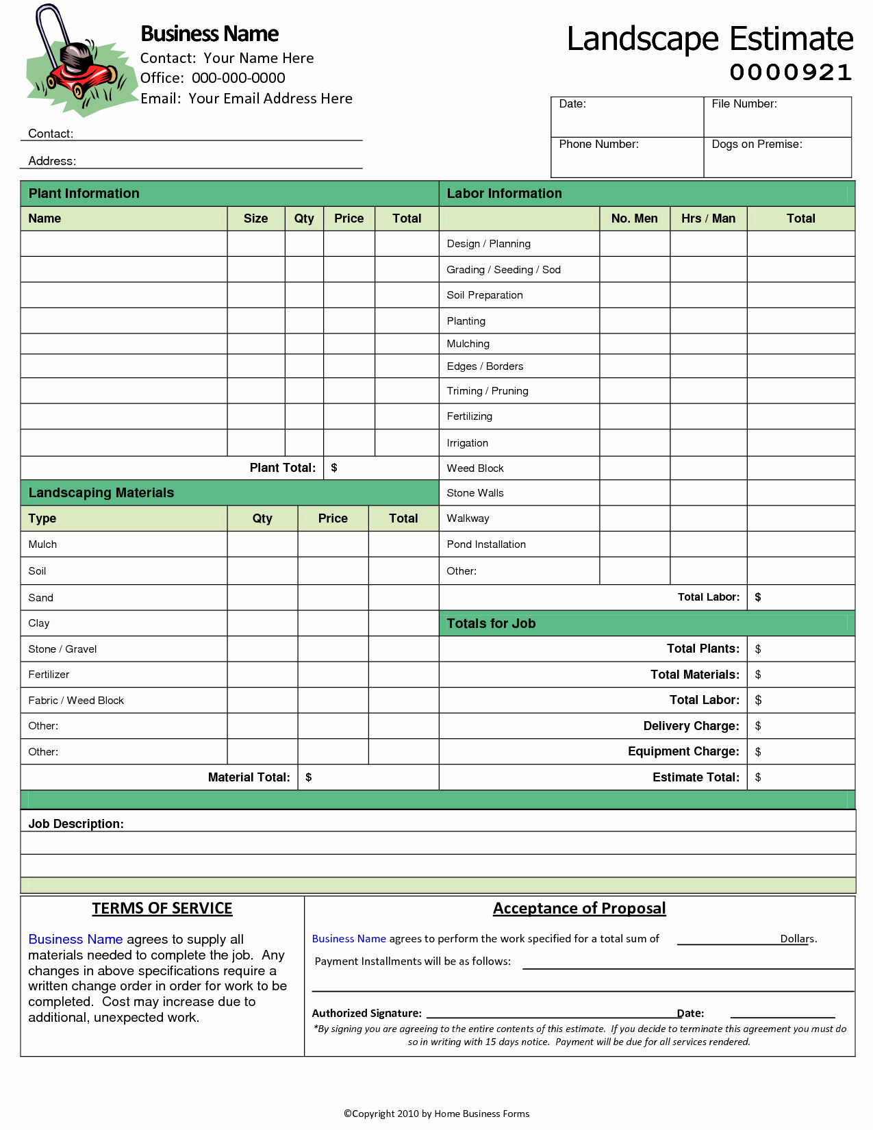 Commercial Lawn Care Bid Template Awesome 8 Best Of Printable Landscape Estimate forms Lawn