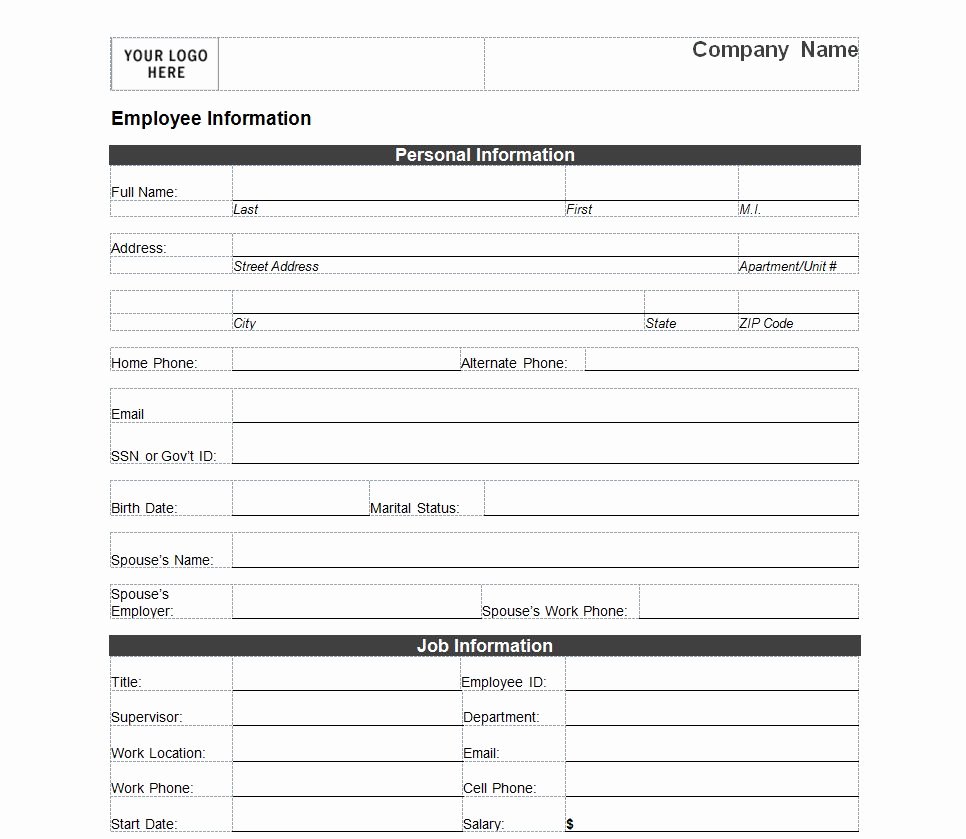 Company Info Sheet Template Elegant Employee Information form