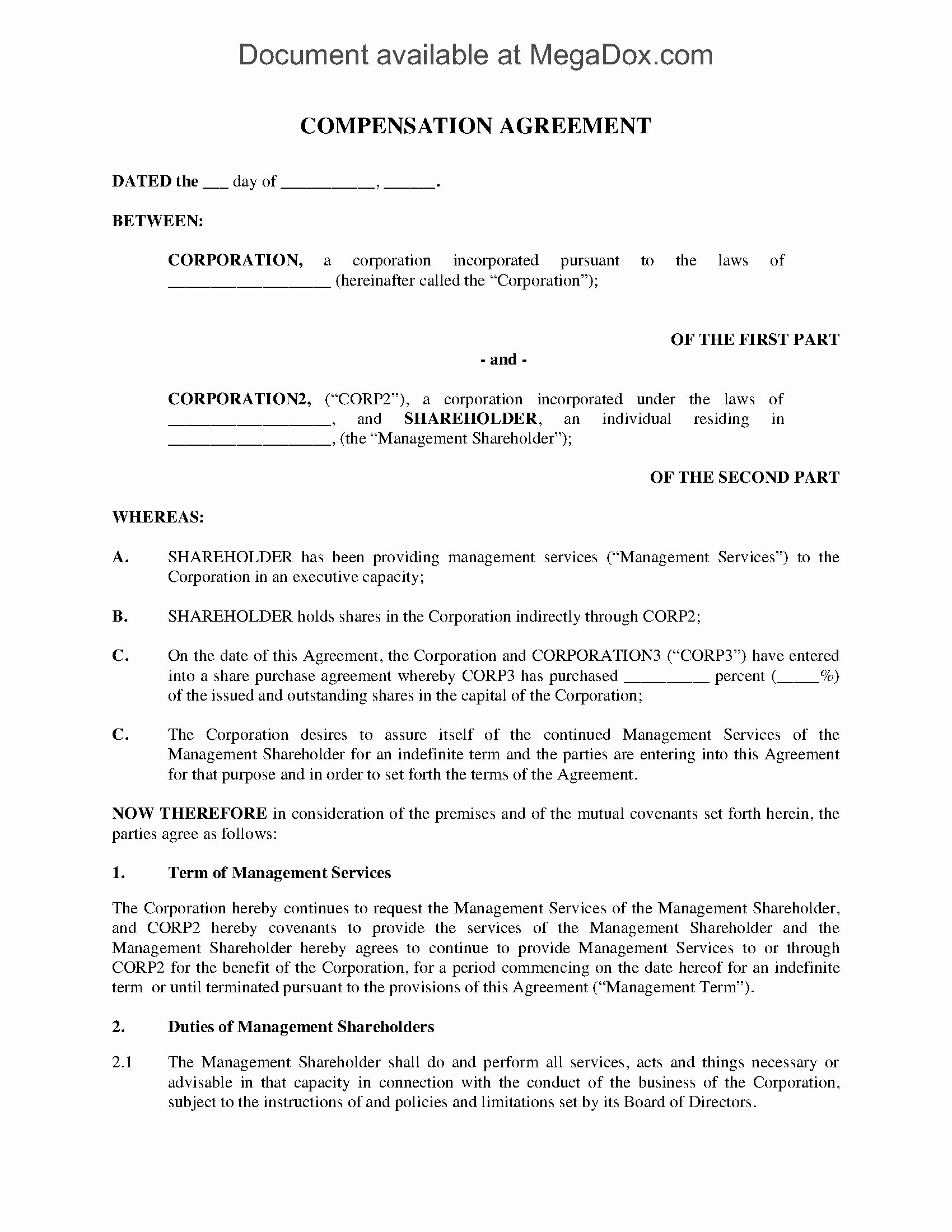 Compensation Agreement Template Free Awesome Management Pensation Agreement form