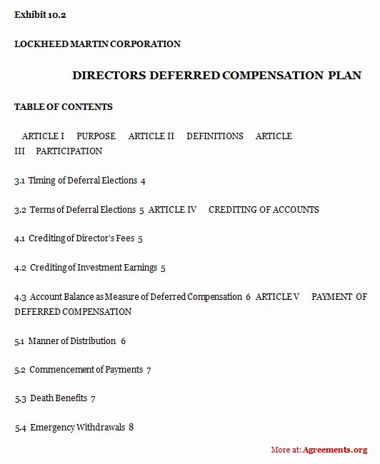 Compensation Agreement Template Free New Directors Deferred Pensation Plan Agreement Sample