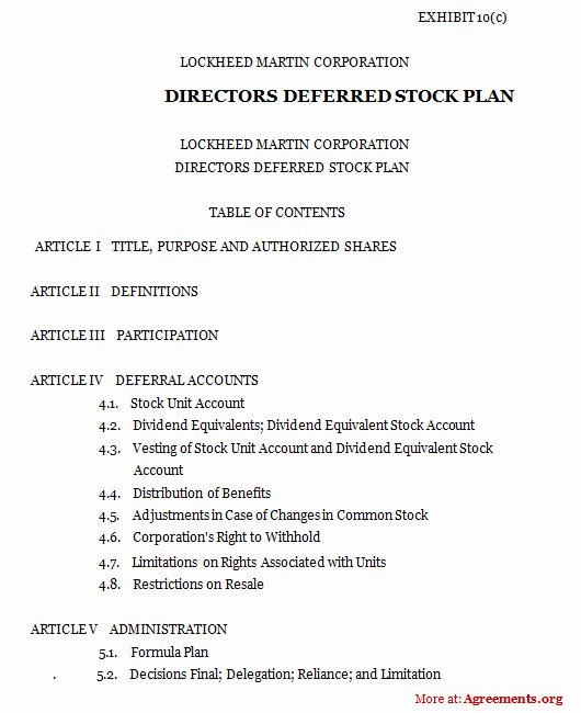 Compensation Agreement Template Free Unique Directors Deferred Stock Plan Agreement Sample Directors