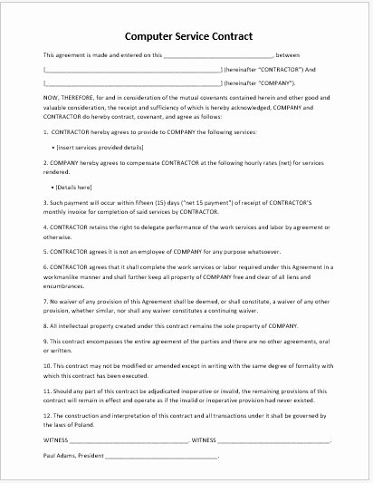 Computer Repair Agreement Template Unique E Page Puter Service Contract for Ms Word