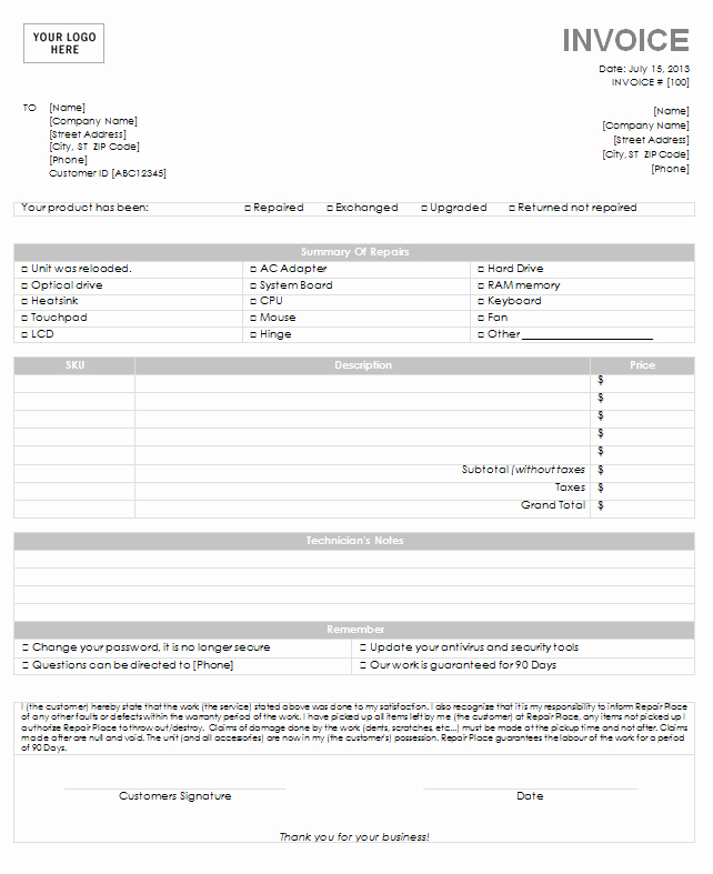 Computer Repair Work order Template Lovely Puter Invoice Template Templates Data